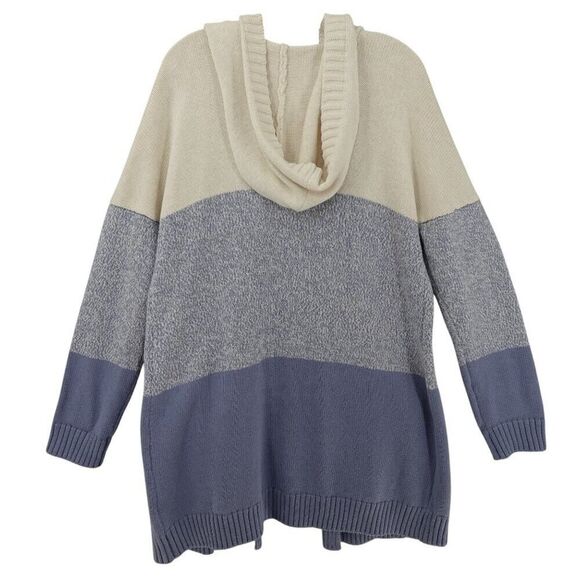 Tahari XL Blue Cream Colorblock Hooded Cardigan - Picture 3 of 13